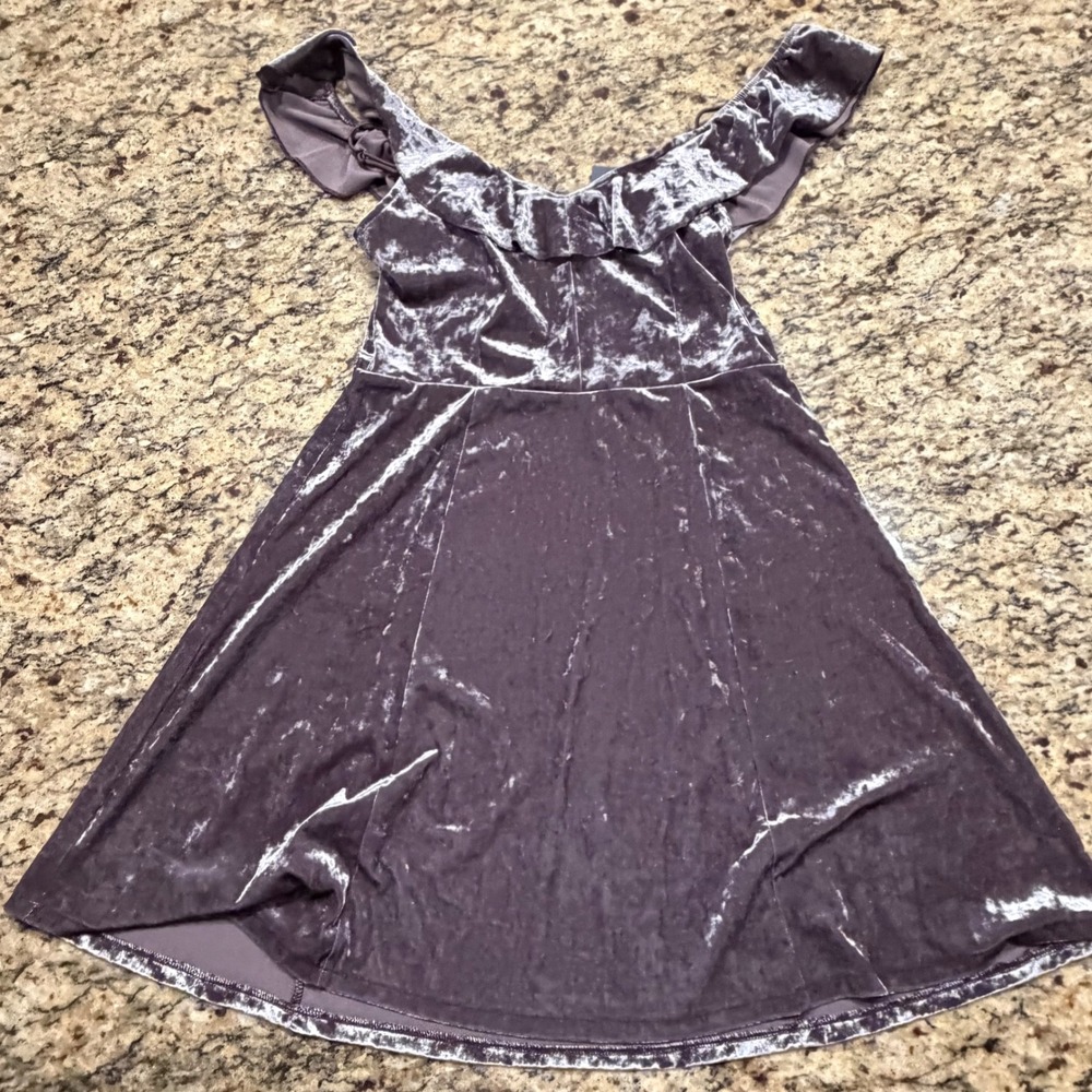 American Eagle Mauve Crushed Velvet Off Shoulder Ruffle Skater Dress Womens M ws